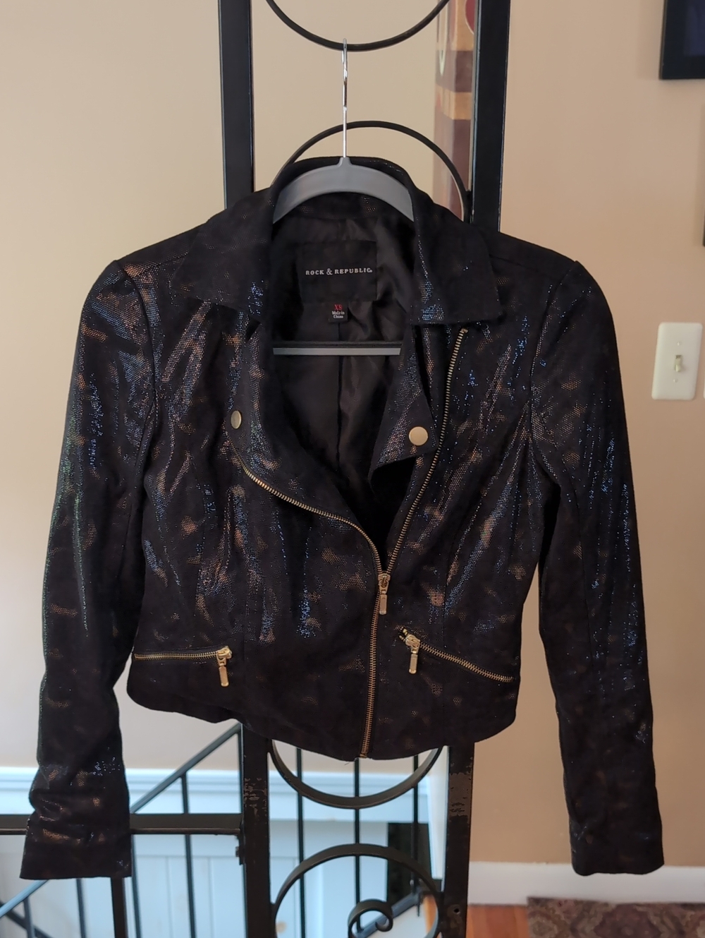 Rock & Republic Black Gold Faux Leather Metallic Moto Jacket XS